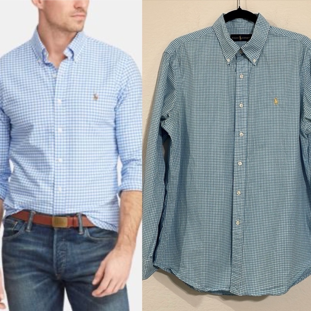 Ralph Lauren Men’s Button Front Top Large Blue Gingham 100% Cotton Horse Logo